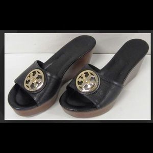 TORY BURCH Black SELMA Wedge Slides Sandals Sz 9